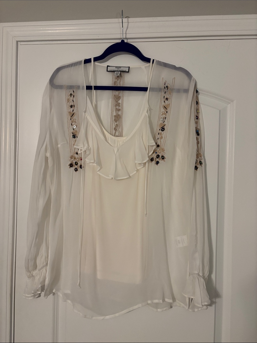Hilary Radley Cream Sheer Ruffled Embellished Blouse